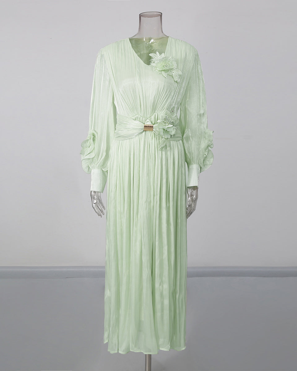 Green 3D Floral Ruched Waist Maxi Dress