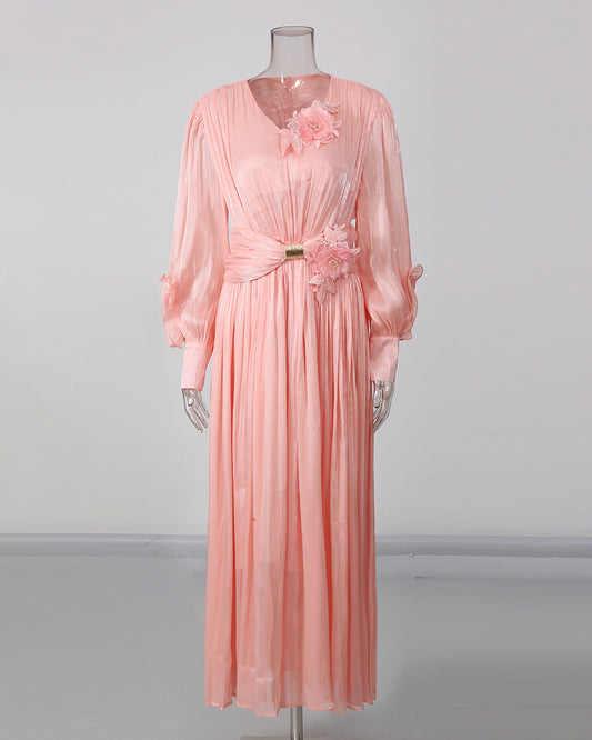 Pink 3D Floral Ruched Waist Maxi Dress