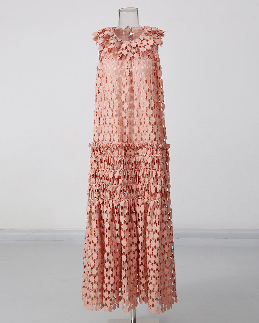 Peachpink Floral Neckline Crochet Tiered Maxi Dress