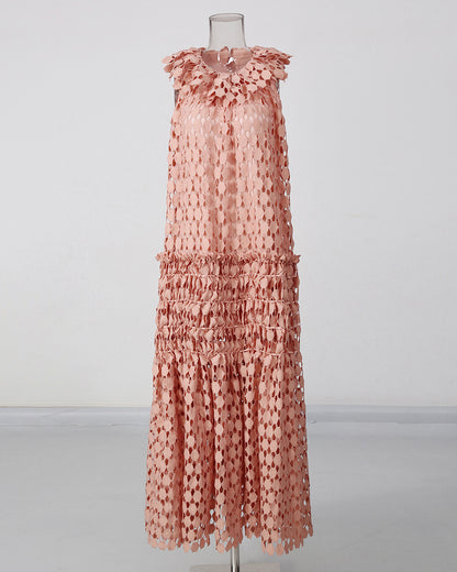 Peachpink Floral Neckline Crochet Tiered Maxi Dress
