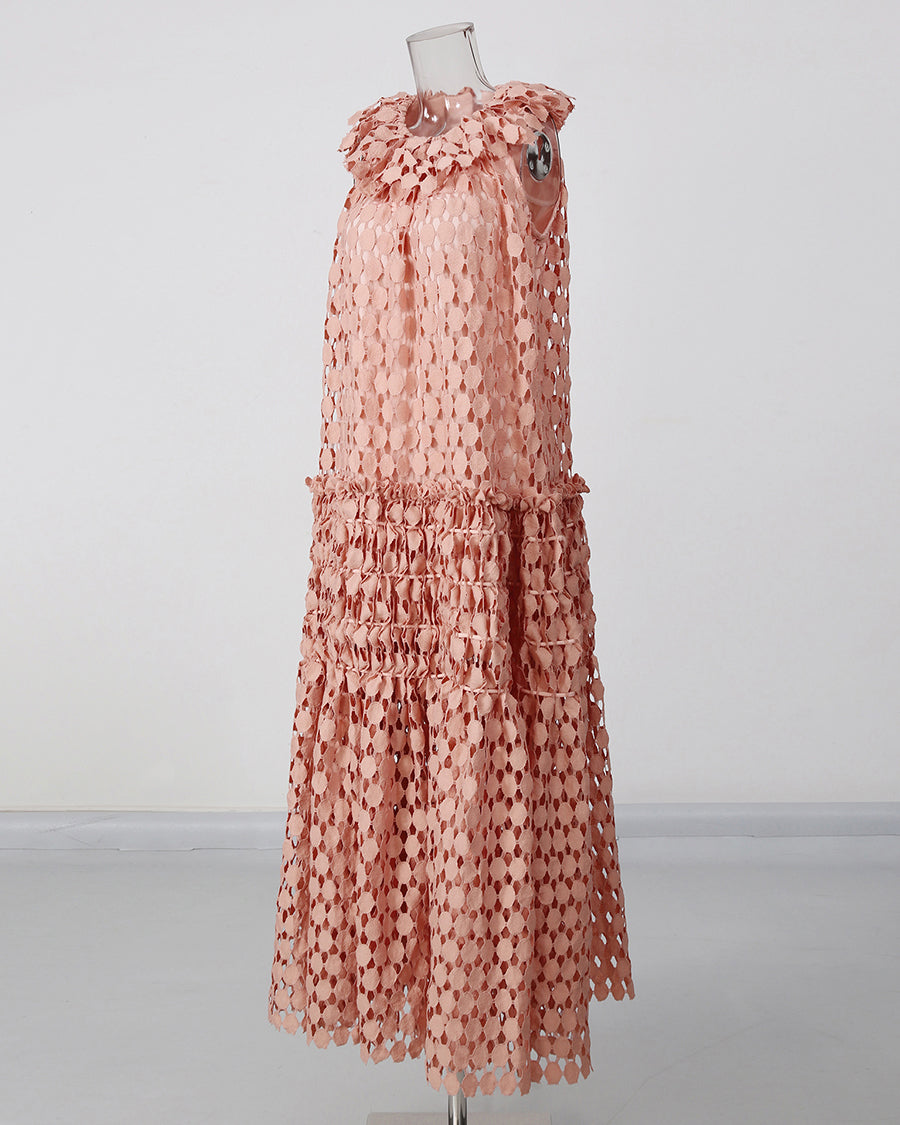 Peachpink Floral Neckline Crochet Tiered Maxi Dress