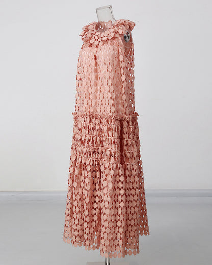 Peachpink Floral Neckline Crochet Tiered Maxi Dress