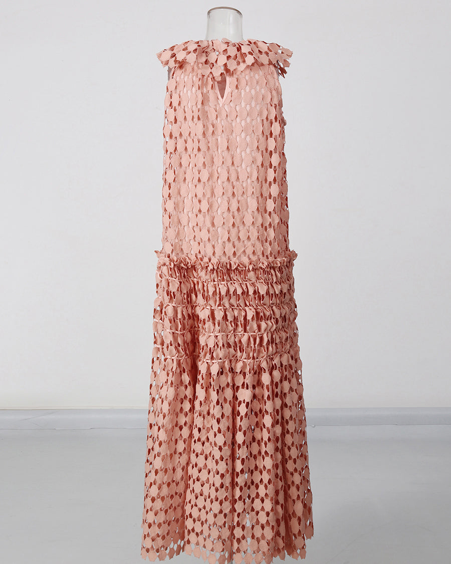 Peachpink Floral Neckline Crochet Tiered Maxi Dress