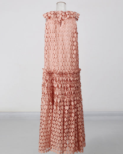 Peachpink Floral Neckline Crochet Tiered Maxi Dress