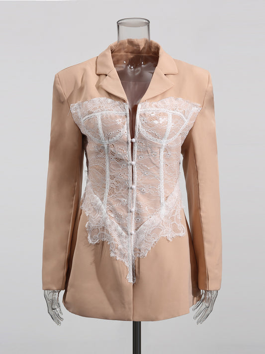 Chic Khaki Blazer with White Lace Corset Detail