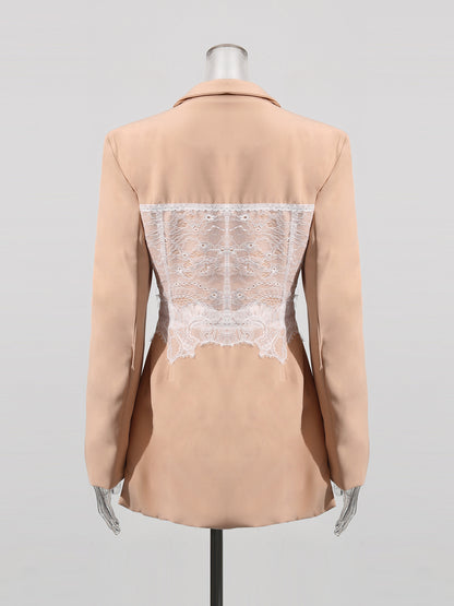 Chic Khaki Blazer with White Lace Corset Detail