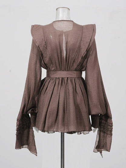 Sophisticated Coffee - Colored Ruffled Tiered Mini Dress with Belt