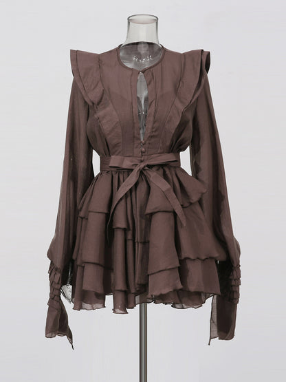 Sophisticated Coffee - Colored Ruffled Tiered Mini Dress with Belt