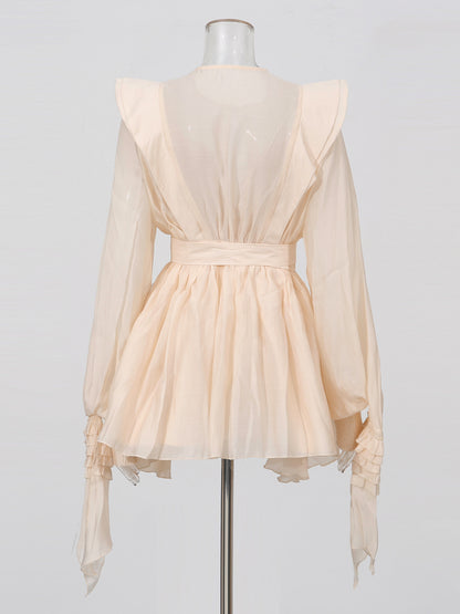 Romantic Apricot Ruffled Tiered Mini Dress with Belt