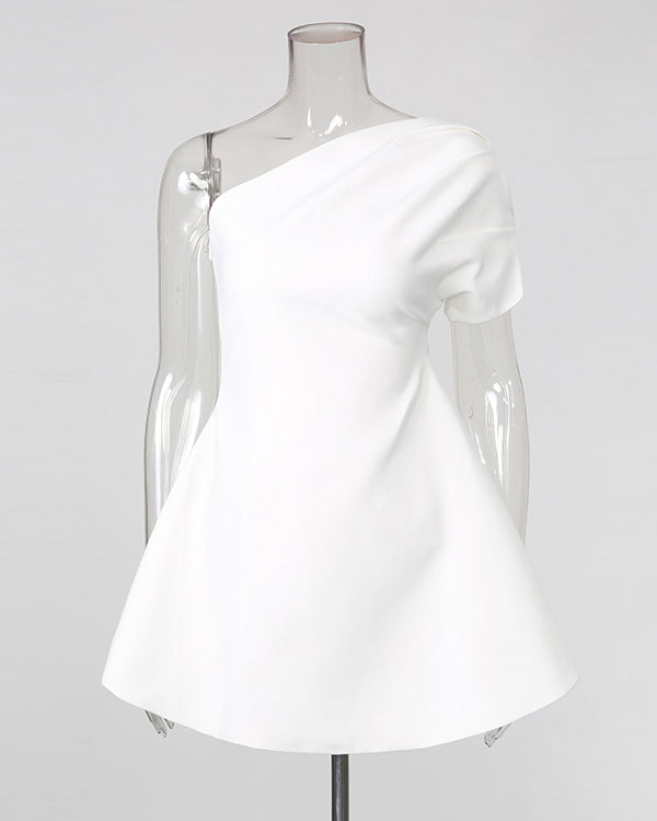 White One-Shoulder Ruched Waist Mini Dress