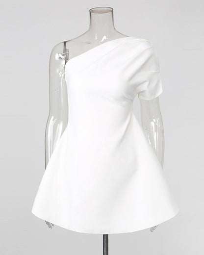 White One-Shoulder Ruched Waist Mini Dress