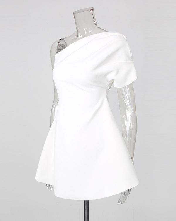 White One-Shoulder Ruched Waist Mini Dress