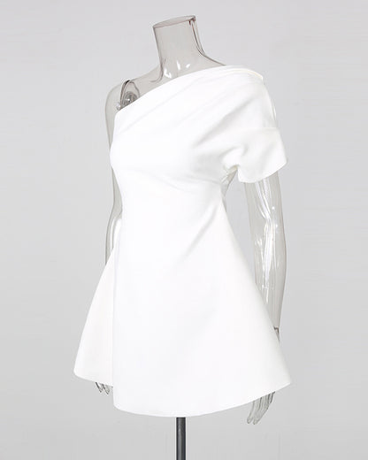 White One-Shoulder Ruched Waist Mini Dress