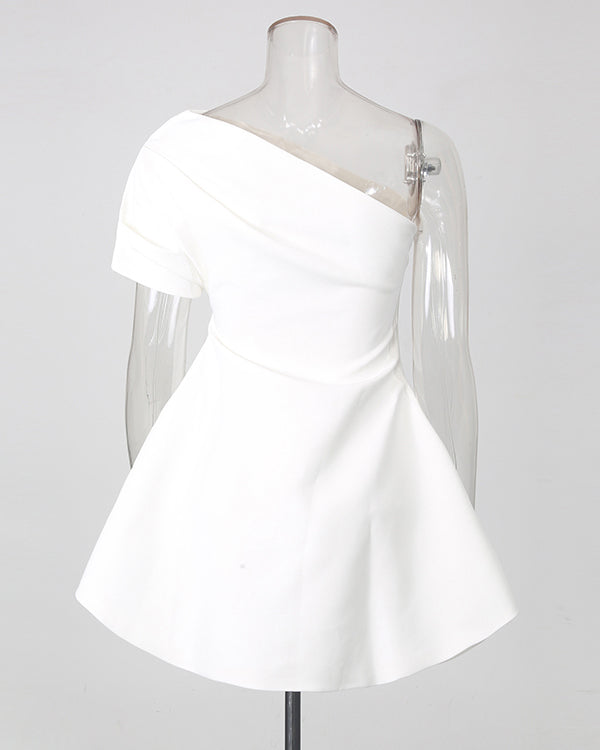 White One-Shoulder Ruched Waist Mini Dress