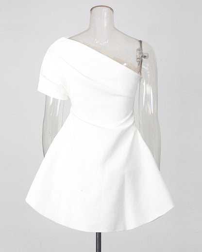 White One-Shoulder Ruched Waist Mini Dress