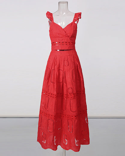 Red Cropped Top & Lace Maxi Skirt Set