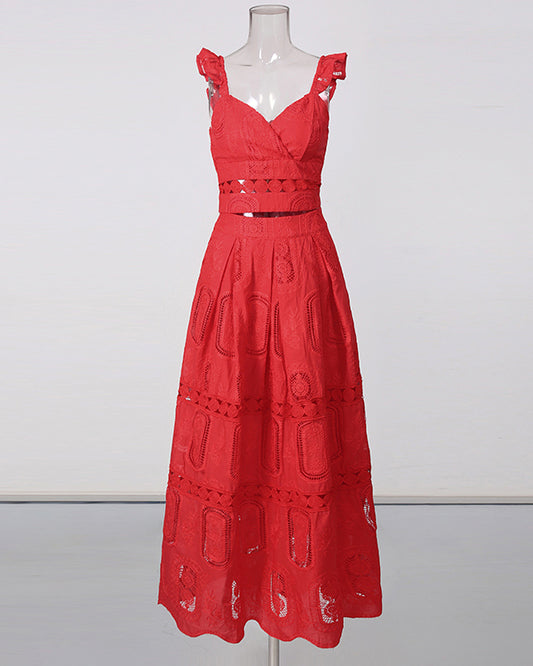 Red Cropped Top & Lace Maxi Skirt Set
