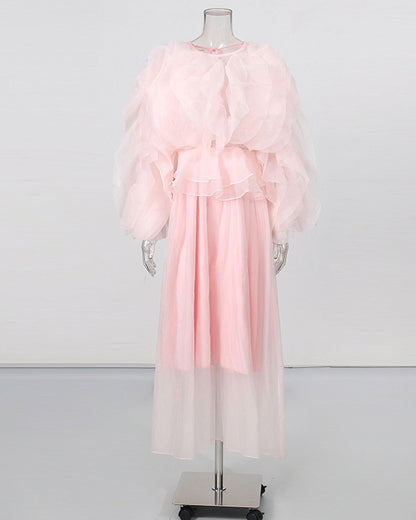 Pink Ruffle Layered Chiffon Maxi Dress