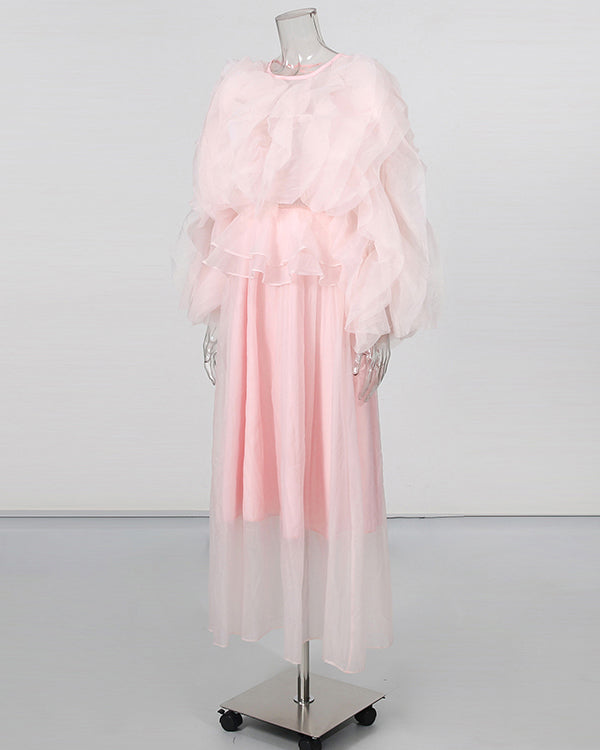 Pink Ruffle Layered Chiffon Maxi Dress