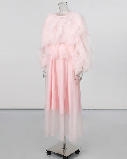 Pink Ruffle Layered Chiffon Maxi Dress