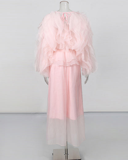 Pink Ruffle Layered Chiffon Maxi Dress