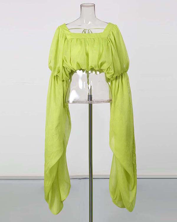 Green Off Shoulder Puff Sleeves Cropped Blouse