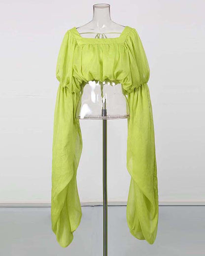 Green Off Shoulder Puff Sleeves Cropped Blouse