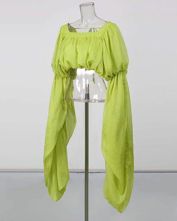Green Off Shoulder Puff Sleeves Cropped Blouse
