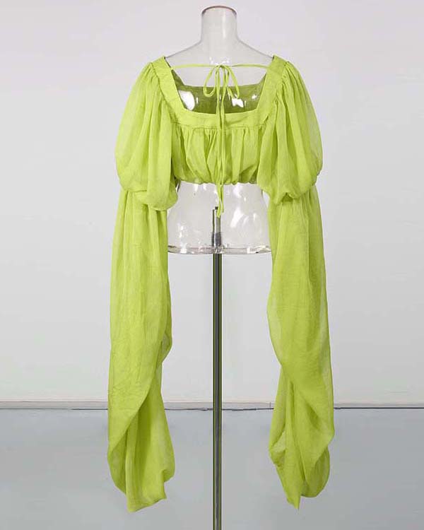 Green Off Shoulder Puff Sleeves Cropped Blouse