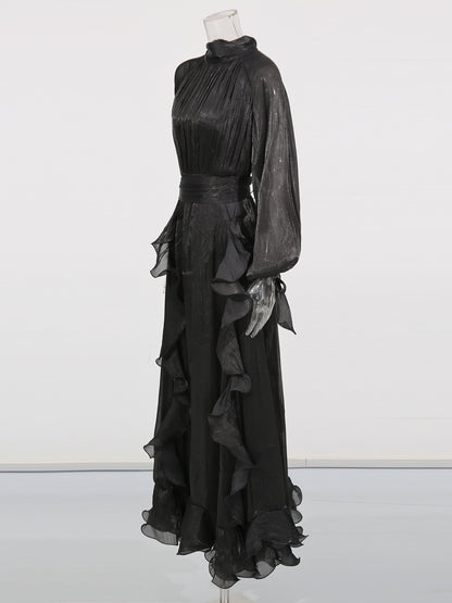 Gothic - Glam Black Ruffled Maxi Dress with Tie Cuffs and High Neck.
