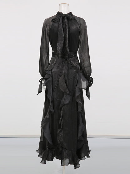 Gothic - Glam Black Ruffled Maxi Dress with Tie Cuffs and High Neck.