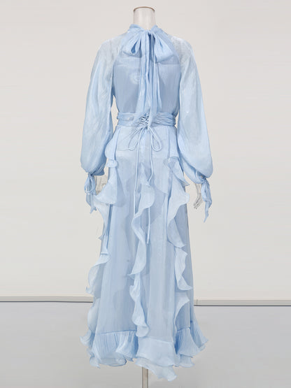 Ethereal Light Blue Ruffled Maxi Dress with Tie Cuffs.