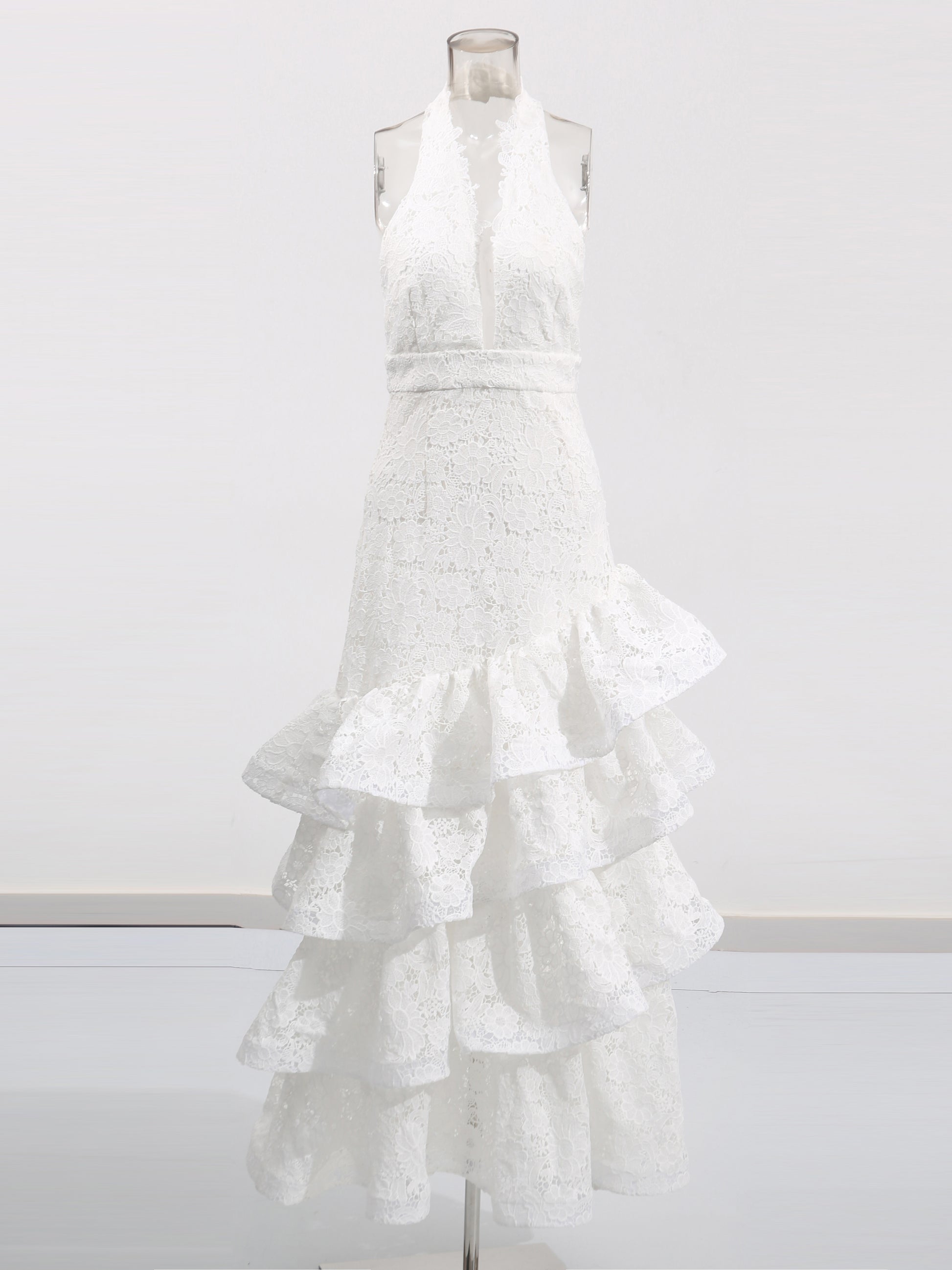 Solid Lace Ruffles Long Dress