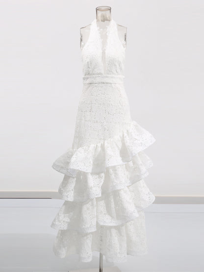 Solid Lace Ruffles Long Dress