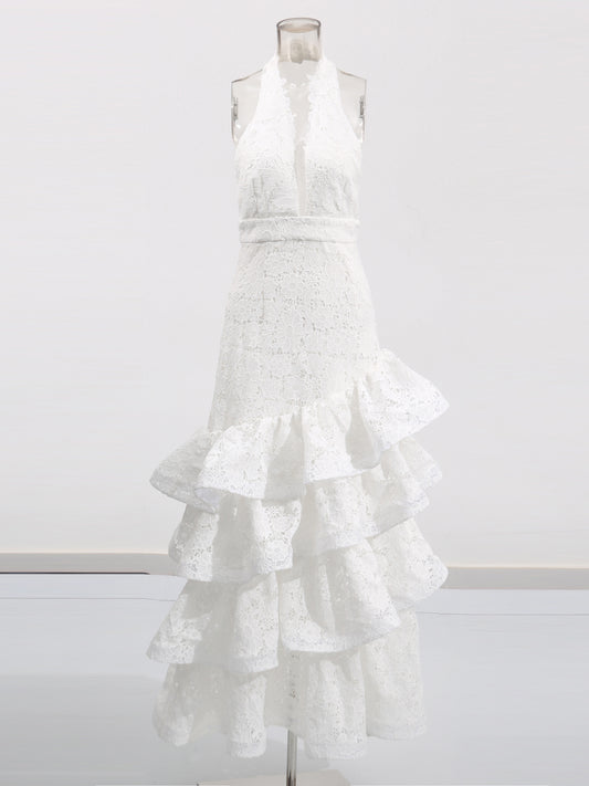 Solid Lace Ruffles Long Dress