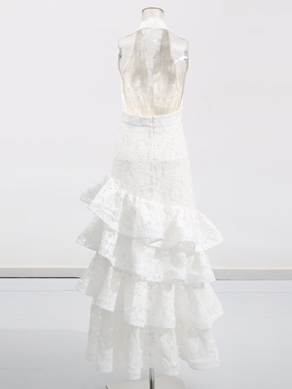 Solid Lace Ruffles Long Dress