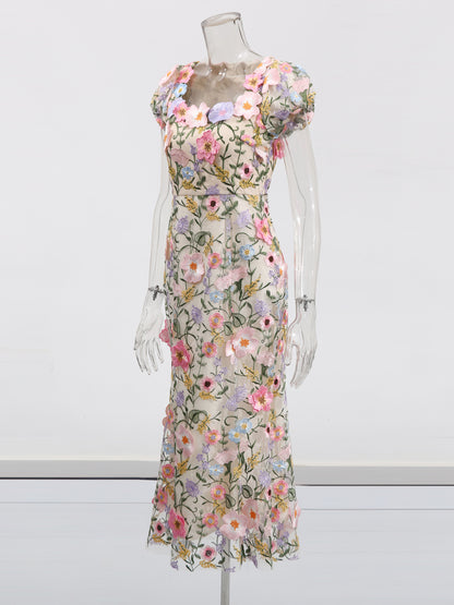 Square Collar Patchwork Flower Long Dress