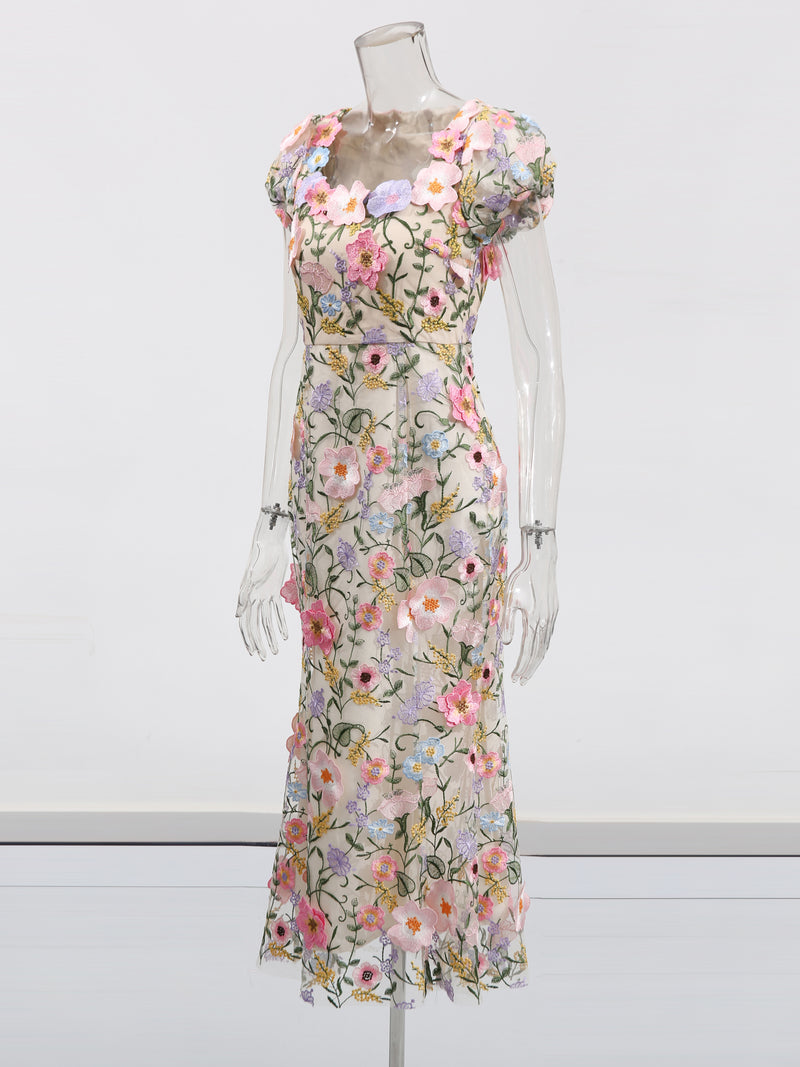 Square Collar Patchwork Flower Long Dress