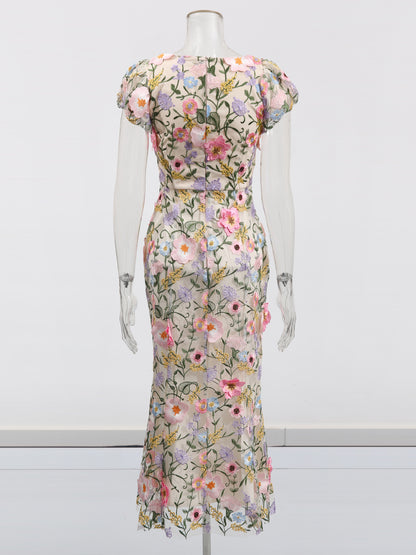 Square Collar Patchwork Flower Long Dress