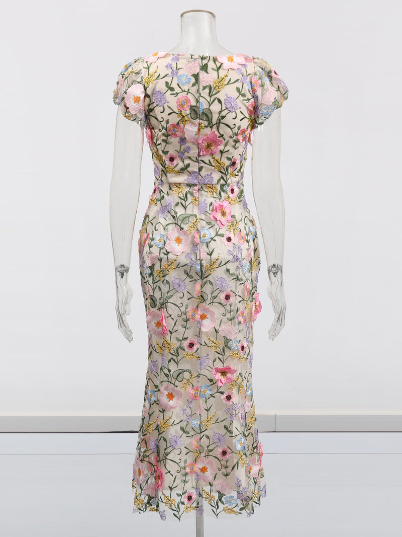 Square Collar Patchwork Flower Long Dress