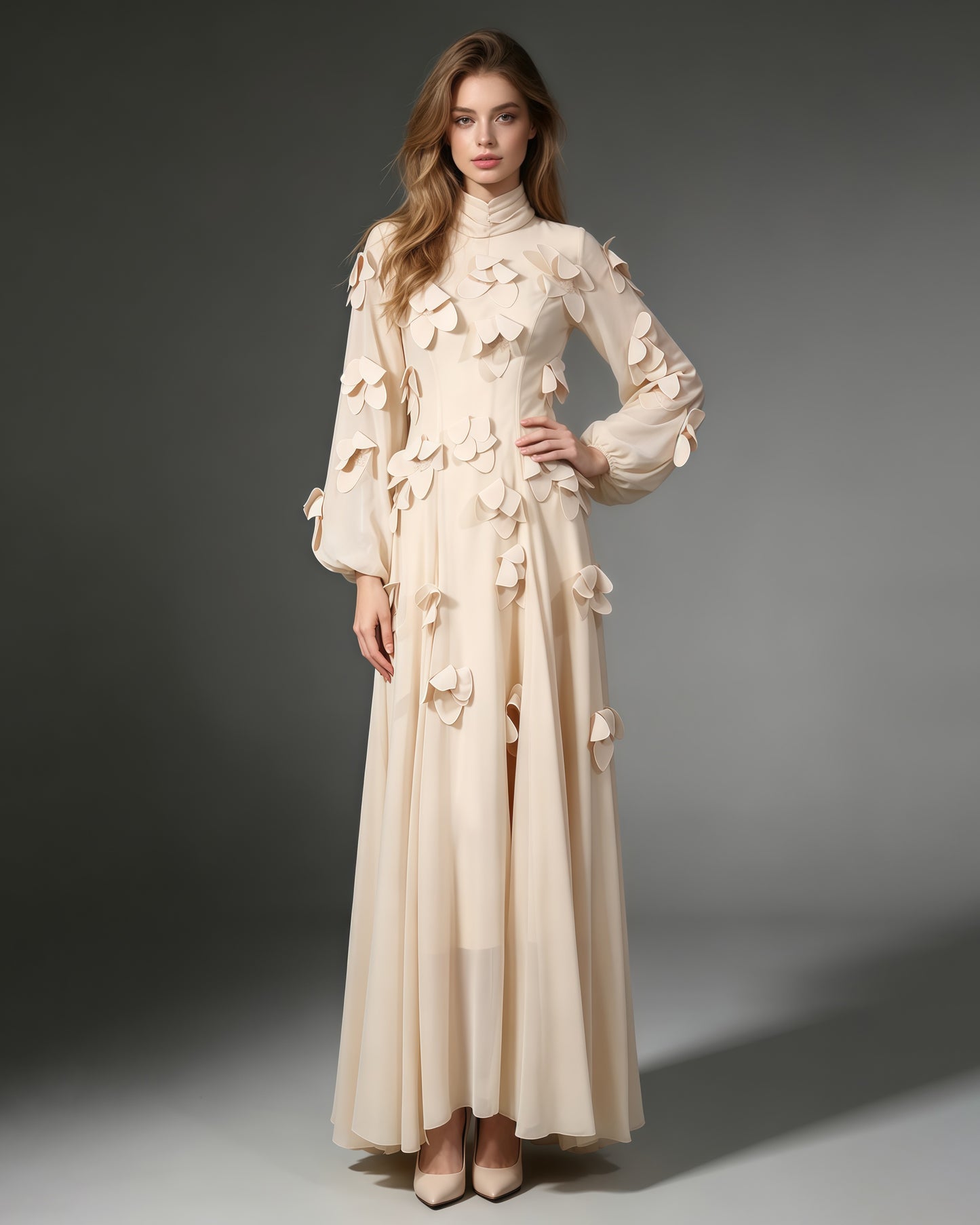 Apricot 3D Floral High Neck Long Sleeve Maxi Dress
