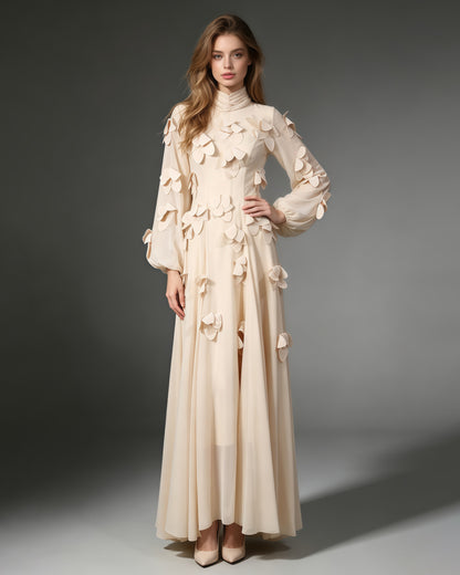 Apricot 3D Floral High Neck Long Sleeve Maxi Dress