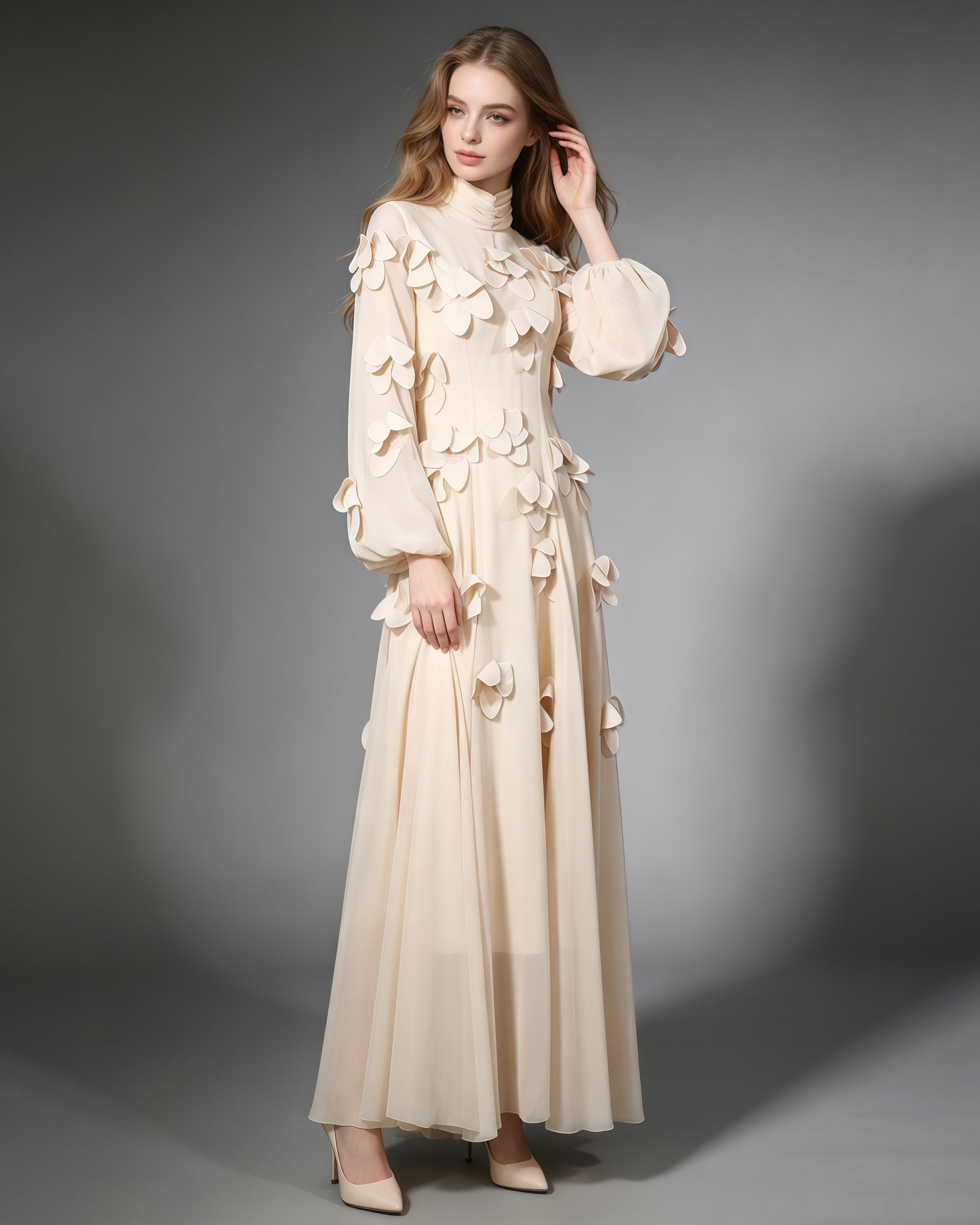 Apricot 3D Floral High Neck Long Sleeve Maxi Dress