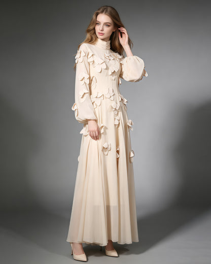 Apricot 3D Floral High Neck Long Sleeve Maxi Dress