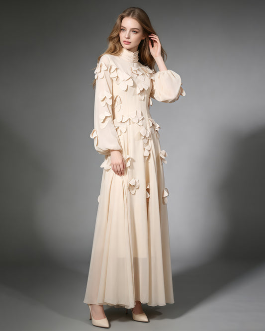 Apricot 3D Floral High Neck Long Sleeve Maxi Dress