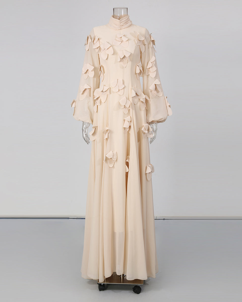 Apricot 3D Floral High Neck Long Sleeve Maxi Dress