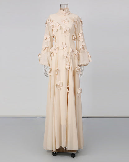 Apricot 3D Floral High Neck Long Sleeve Maxi Dress