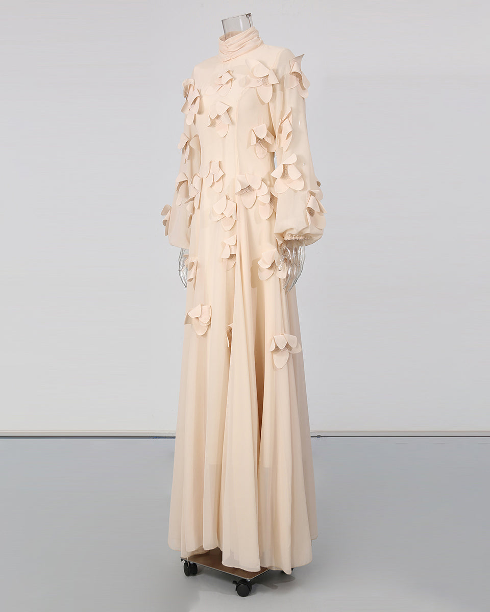 Apricot 3D Floral High Neck Long Sleeve Maxi Dress
