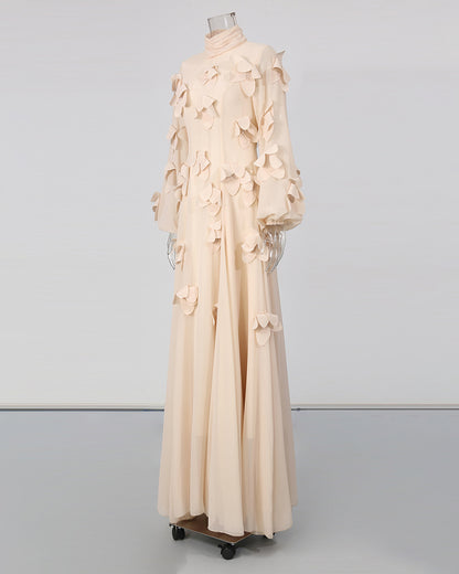 Apricot 3D Floral High Neck Long Sleeve Maxi Dress