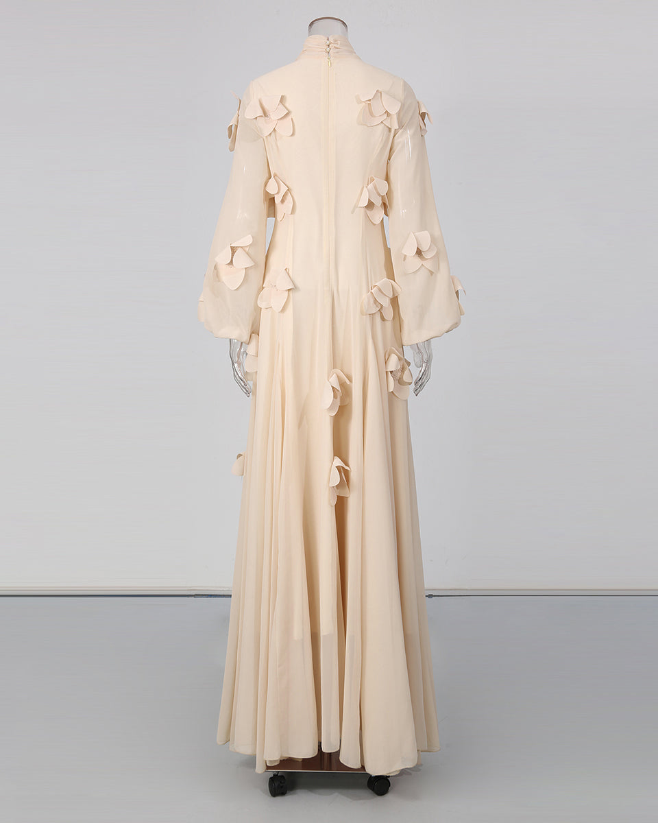 Apricot 3D Floral High Neck Long Sleeve Maxi Dress